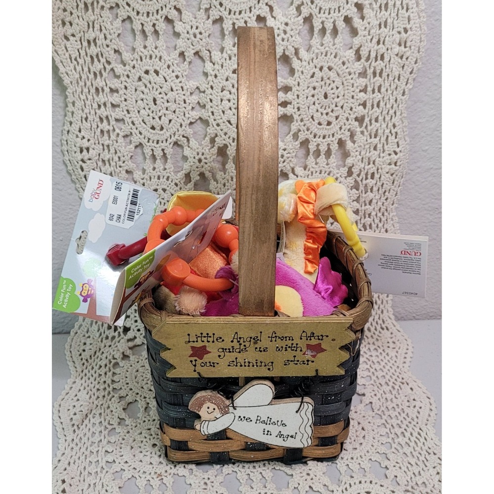 Three new Gund baby Rattle toys in an angel basket. Giraffe, Bee, Owl. BABY GIFT